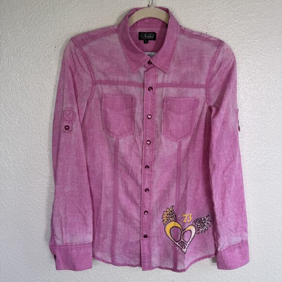 Sinful by Affliction Shirt Womens Small Y2K Angel Heart Wings Top Snap Button Up - Picture 2 of 13